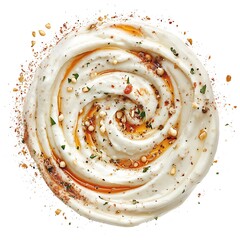 Swirls of Creamy Food with Toppings in a Circular Formation and a White Background