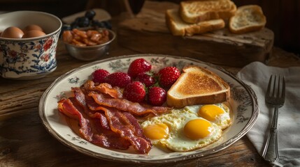 A breakfast spread featuring a plate of perfectly cooked bacon, eggs, toast, and fresh fruit, all arranged beautifully on a rustic wooden table.