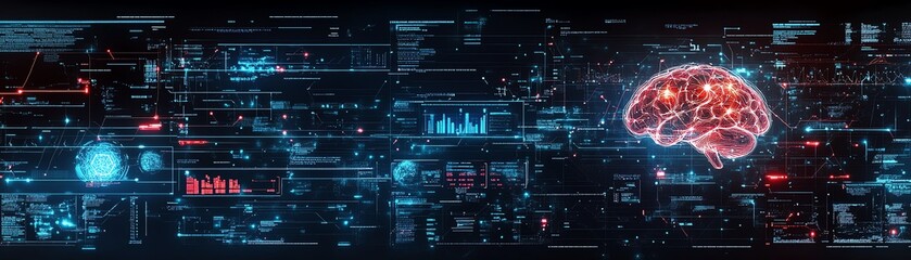Obraz premium glowing digital brain with AI icons, neural network visualization, technology and human thought integration, artificial intelligence in action, futuristic neural connections
