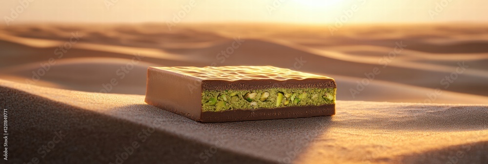 Poster chocolate bar with creamy pistachio paste filling on soft sand at sunset. generative ai