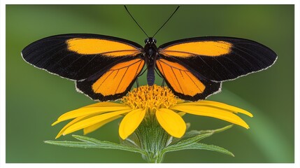 Fototapeta premium Vibrant Orange and Black Butterfly on Yellow Flower