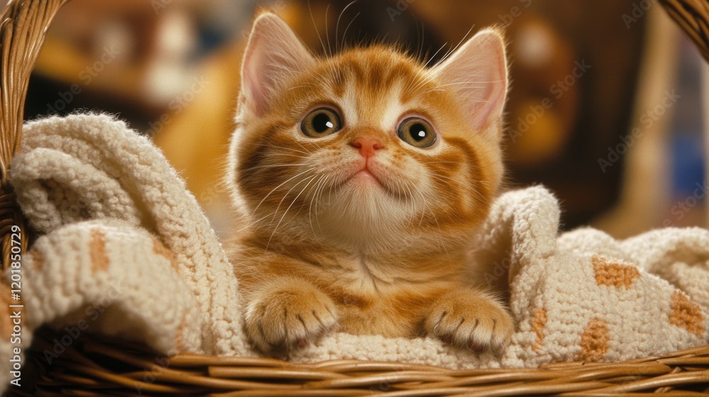 Poster a chubby kitten sitting in a basket filled with soft blankets, looking up with big, curious eyes and