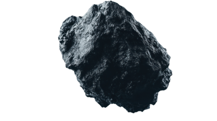 A detailed representation of a dark, textured asteroid floating against a black background, showcasing its unique surface features and characteristics.