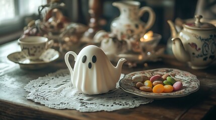Haunted kitchen spooky candies and a teapot shaped like a ghost