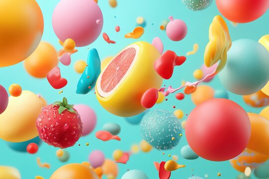 A colorful image of fruit in the air with a blue background