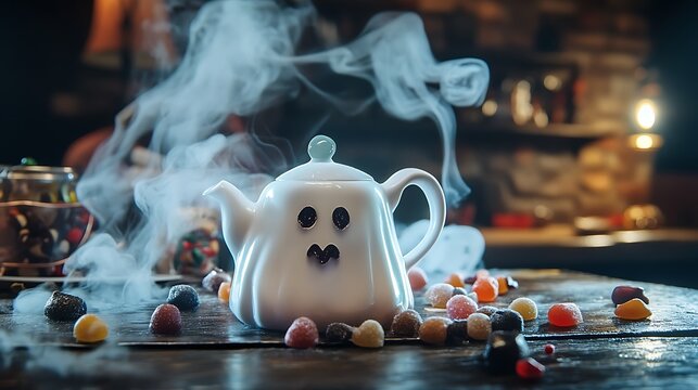 Haunted kitchen spooky candies and a teapot shaped like a ghost