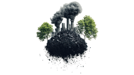 A striking juxtaposition of pollution and nature, featuring smokestacks releasing smoke above a mound of dirt, flanked by vibrant green trees.