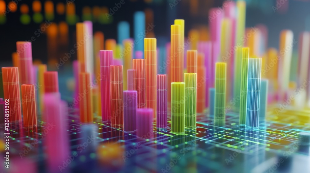 Fototapete A close-up of a D bar graph on a computer screen, with colorful bars rising from a grid and data points clearly marked, illustrating complex data visualization.