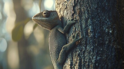 Obraz premium Close-up of a lizard clinging to a tree trunk.