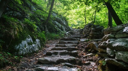Fototapeta premium Stone Path through a Lush Green Forest Leading to Sunlight Above
