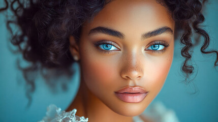 Fototapeta premium Close-up portrait of a woman with striking blue eyes, glowing skin, and natural curls, conveying beauty and confidence with a soft-focus background