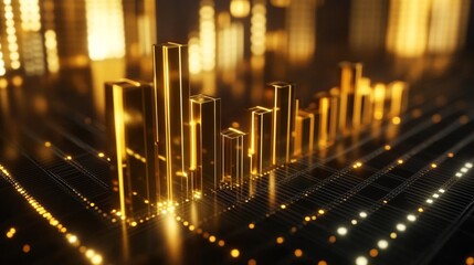 A close-up of a D gold bar chart on a digital screen, with gleaming gold bars rising from a grid, representing financial or investment data with a luxurious touch.