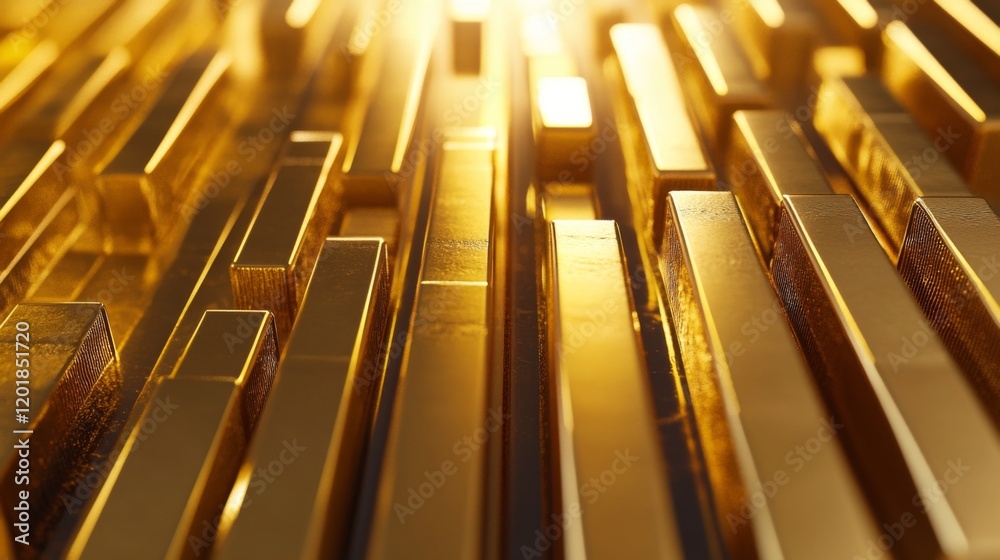 Poster A close-up of a D gold histogram with golden bars of varying heights, representing data distribution across different categories with a touch of luxury.