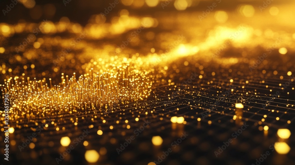 Poster a close-up of a d gold scatter plot with golden data points floating above a grid, showcasing the di