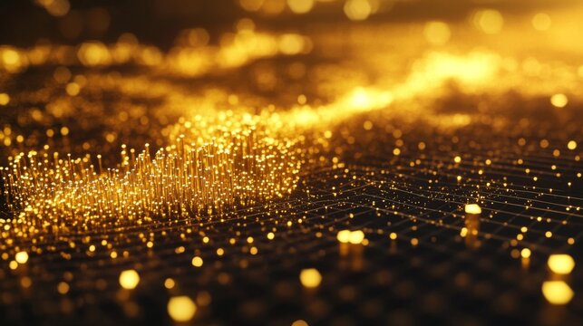 A close-up of a D gold scatter plot with golden data points floating above a grid, showcasing the distribution of investment values in a high-end, dynamic presentation.