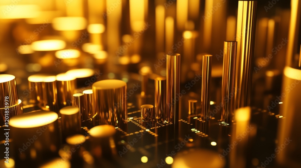 Poster A close-up of a D gold stacked column graph with golden layers and segments, illustrating a breakdown of financial data with a luxurious and detailed presentation.