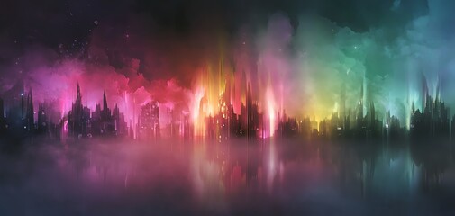 Obraz premium Frontal view of a vibrant fantasy cityscape merging with urban textures, illuminated by neon lights, ethereal fog, photorealistic detail, digital painting style
