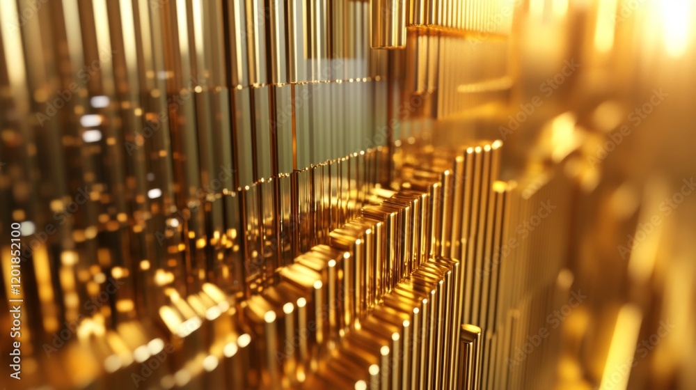 Poster a close-up of a d gold stacked column graph with golden layers and segments, illustrating a breakdow
