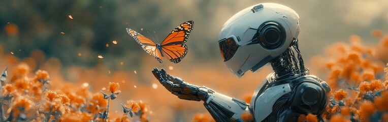 A curious robot gently holding a butterfly in a blooming garden under soft sunset light, symbolizing the harmony between technology and nature.