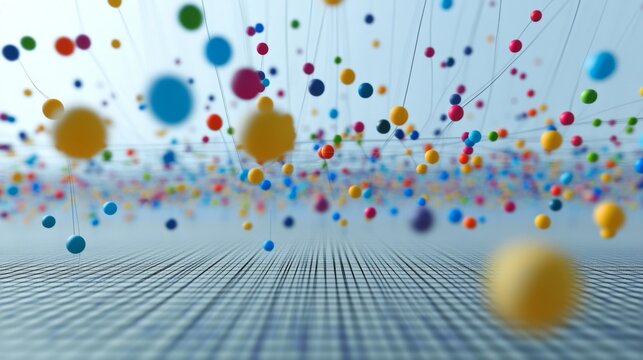 A close-up of a D scatter plot with data points floating above a grid, using different colors and sizes to represent various data metrics.
