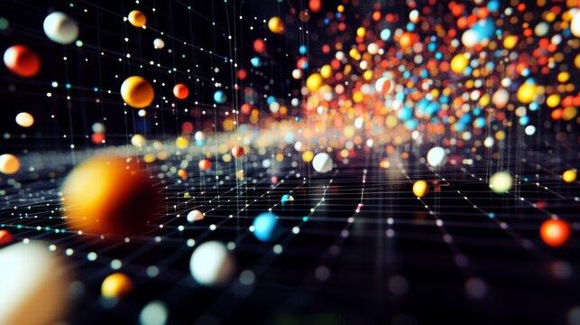 A close-up of a D scatter plot with data points floating above a grid, using different colors and sizes to represent various data metrics.