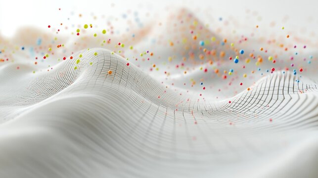 A close-up of a D scatter plot with data points floating above a grid, using different colors and sizes to represent various data metrics.