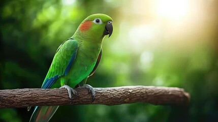 A vibrant green parrot displays its colorful feathers in a tropical rainforest with stunning details and a serene background.
