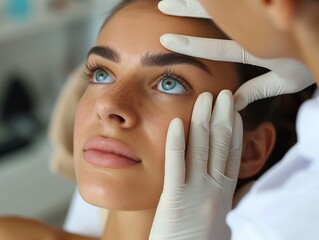 Dermatologist examining a patient's skin for acne treatment, skincare consultation exam