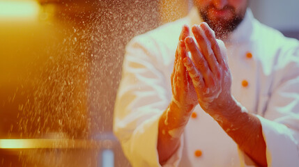 Chef washing hands to emphasize hygiene in food preparation
