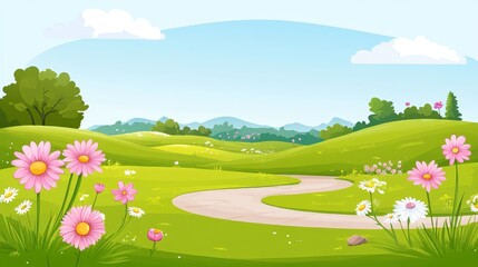 Fototapeta premium Cartoon illustration of beautiful green landscape with path and flowers