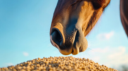 close up of horse eating balanced grain mix under clear sky