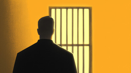 silhouette of man stands in front of prison bars, symbolizing confinement and isolation