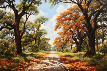 Obraz premium Lush green country road bordered by oaks in beautiful Savannah Georgia