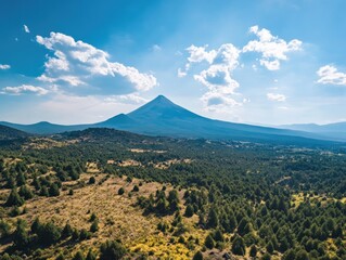 Fototapeta premium A majestic mountain peak rises above a lush forest under a vibrant blue sky with scattered white clouds