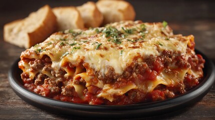 Serving of lasagna layered rich meat sauce bchamel and melted cheese served with garlic bread