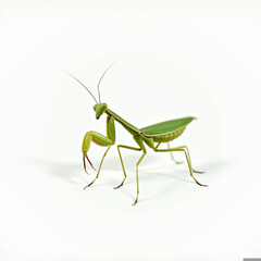 a praying mantis taken from the side, showcasing its slender body and curved forearms. Set against a pure white background, the mantis appears mid-motion, with one leg sligh