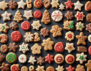 Fototapeta premium Assortment of delicious Christmas cookies in various shapes and designs, sugar, treats