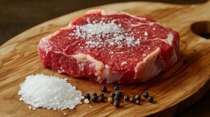 A close-up of a seasoned bistecca on a wooden platter, garnished with sea salt and black pepper, emphasizing the simplicity and quality of the ingredients.