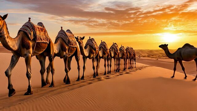 A row of camels walking in the desert at sunset, with dunes and sand as the background. A traditional camel caravan traveling through an Arabian landscape during the golden hour. 