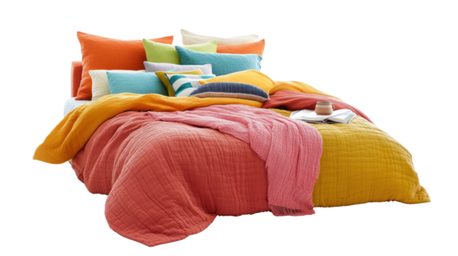 A cozy and inviting bed adorned with colorful pillows and blankets, perfect for a restful night's sleep or a lazy afternoon.