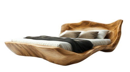 A beautifully crafted wooden bed featuring a unique organic shape, combining elegance and comfort. Perfect for modern and rustic interiors.