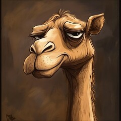 Cartoon Style Camel Portrait with Playful Expression and Detailed Fur Texture against Solid Backdrop