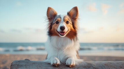 A delightful dog with perked ears and a joyful grin, lying on the beach with a serene ocean view in the background and a soothing sunset lighting the scene.