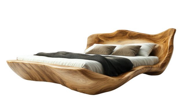 A beautifully crafted wooden bed featuring a unique organic shape, combining elegance and comfort. Perfect for modern and rustic interiors.