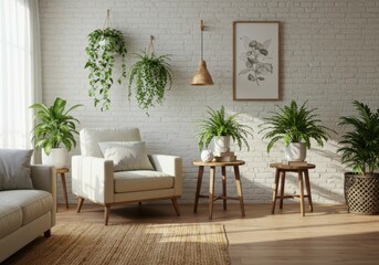 Fototapeta premium Cozy living room, bohemian style, white brick wall, cream sofa, wooden coffee table, rattan furniture, hanging plants, potted plants, botanical prints, natural light, beige rug, minimalist decor, indo