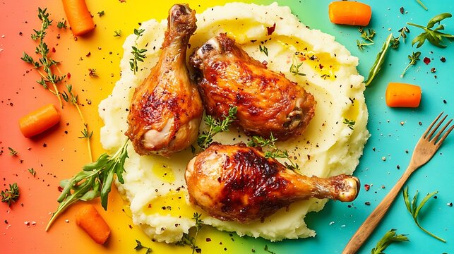 Isolated against a vibrant backdrop are roast chicken drums with mashed potato and carrots