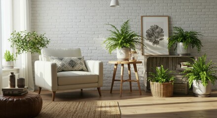 Cozy living room, bohemian style, white brick wall, cream sofa, wooden coffee table, rattan furniture, hanging plants, potted plants, botanical prints, natural light, beige rug, minimalist decor, indo