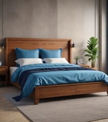 Bed with brown wooden headboard and blue upholstered bed frame , cozy room, relaxation space, modern bed