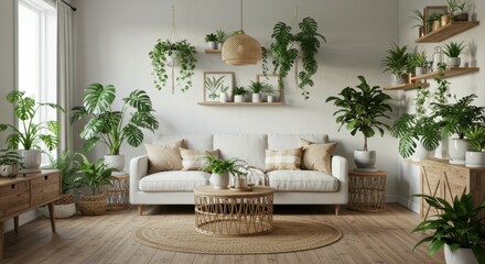 Cozy living room, bohemian style, white brick wall, cream sofa, wooden coffee table, rattan furniture, hanging plants, potted plants, botanical prints, natural light, beige rug, minimalist decor, indo