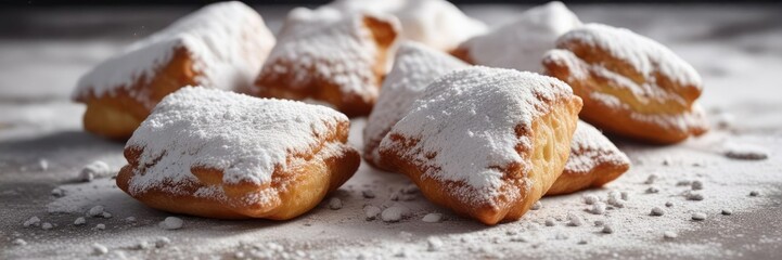 Beignets covered in thick layer of powdered sugar, powdered sugar, carnival sweets